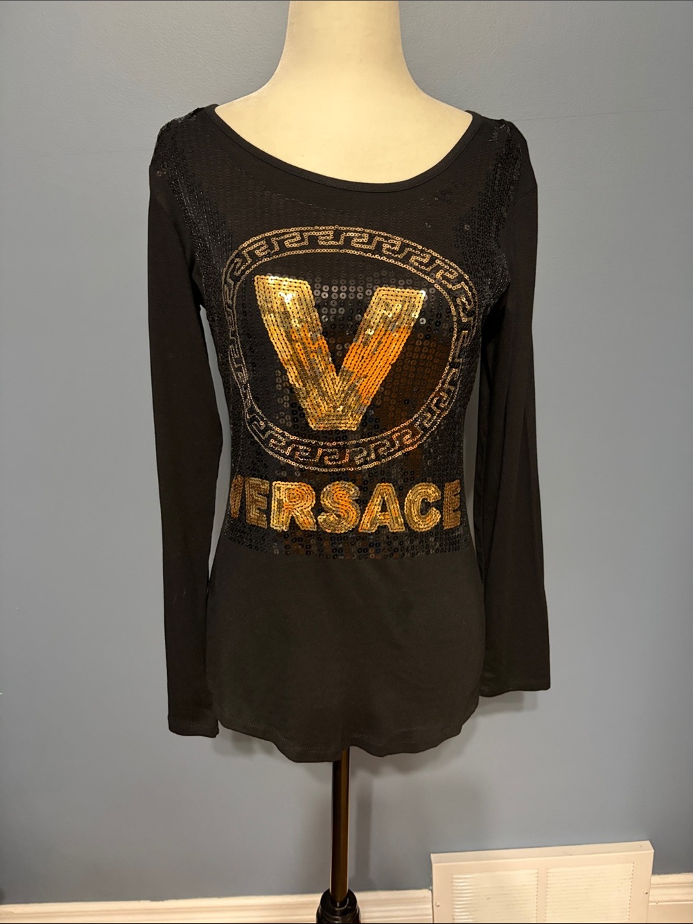 Black designer Long Sleeve Top with Gold Sequin 'V' Logo size Small